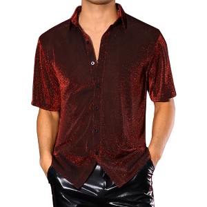 INSPIRE CHIC Men's Short Sleeve Point Collar Party Glitter Sheer Mesh Shirts - 1 of 4