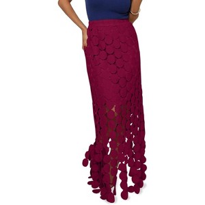 Women's Summer Boho Skirt: High Waisted Long Maxi Skirt with Elegant Hollow Out and Fringe Hem Burgundy - 1 of 4