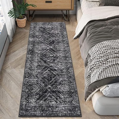 Machine Washable Indoor Rug, Non-Slip Low Pile Carpet for Living Room Hallway, Soft Geometric Design, Stain Resistant & Foldable