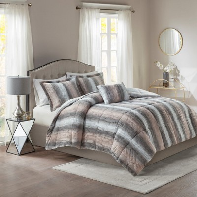 Lyngins 4-Piece Faux Fur Full/Queen Comforter Set, Ultra-Soft Bedding Set with Shams & Decorative Pillow, Oeko-Tex Certified Quilt Bedding Set