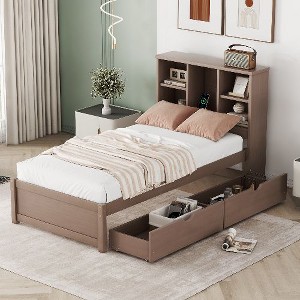 CAVINAS Modern Twin Size Bed Frame, Wood Platform Bed Frame with Bookcase Headboard, USB Charging Storage Bed with 2 Sliding Drawers for Bedroom - 1 of 4