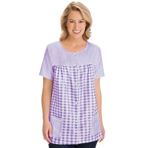 Collections Etc Seersucker Checkered Pattern Snap Front Top with Pockets, Lightweight Short-Sleeve Scoop Neckline Shirt - 1 of 4