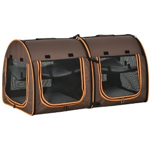 Munora 39" Portable Twin Compartment Cat Show House, Soft-Sided Pet Carrier with Removable Cushions & Storage Bag - Brown - 1 of 4