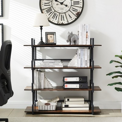 4 Tier Office Bookcase Shelf Rustic Wood Metal Bookshelves Freestanding Open Book Shelf
