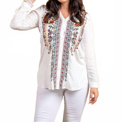 Women's Viscose Split Collar Embroidered Pull-over Shirt - PAPARAZZI