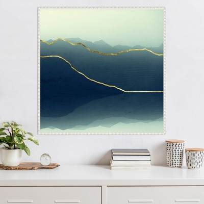 Gold Lined Blue Abstract Mountain Framed Canvas Art