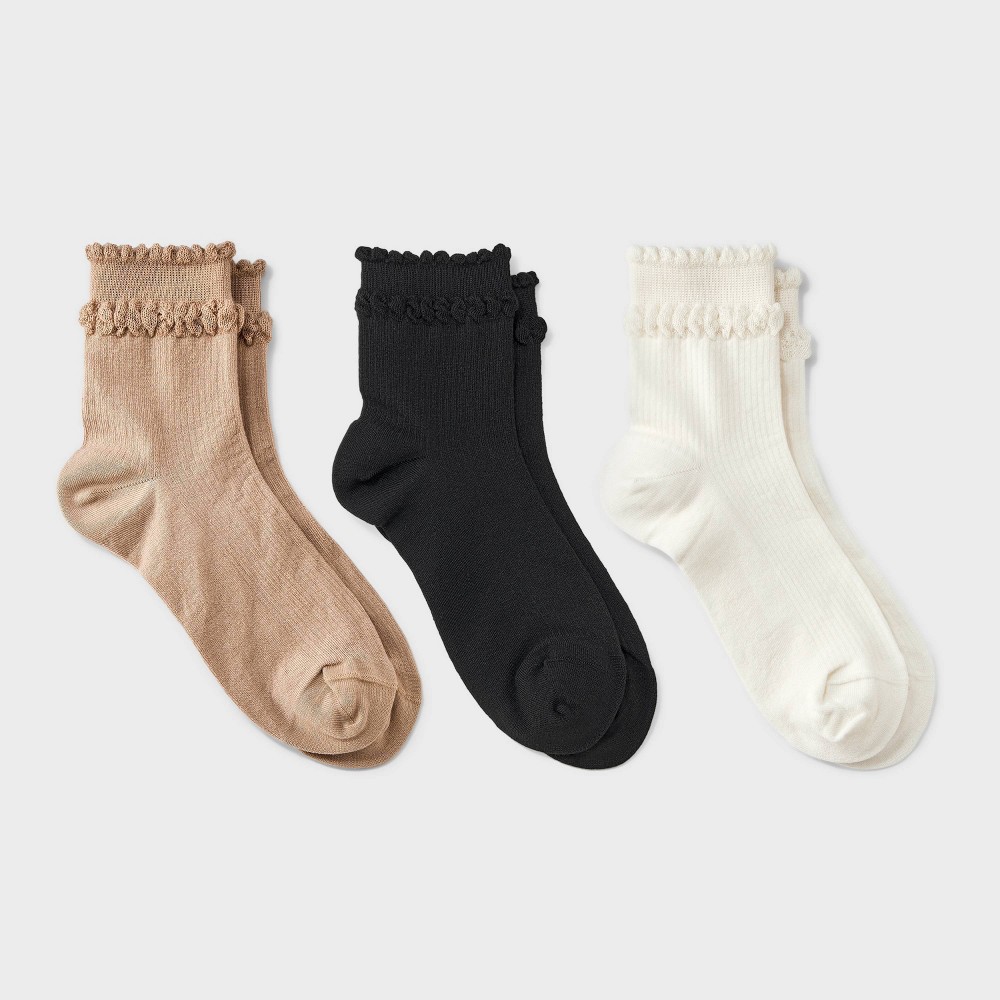 Women's Double Scalloped Edge 3pk Ankle Socks - A New Day™ Ivory/Tan/Black 4-10