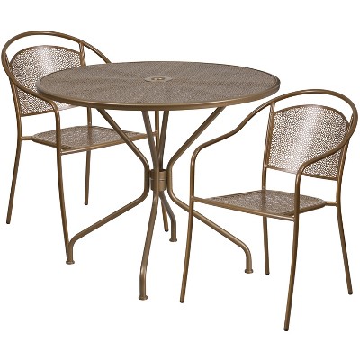 Emma and Oliver Commercial Grade 35.25" Round Gold Patio Table Set-2 Round Back Chairs