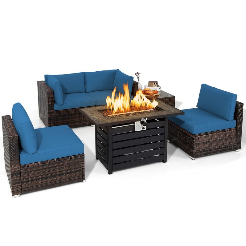 Costway 6PCS Patio Rattan Furniture Set 42'' Fire Pit Table Cover Sofa Cushion Off White/Black/Navy/Red/Turquoise, 3 of 11