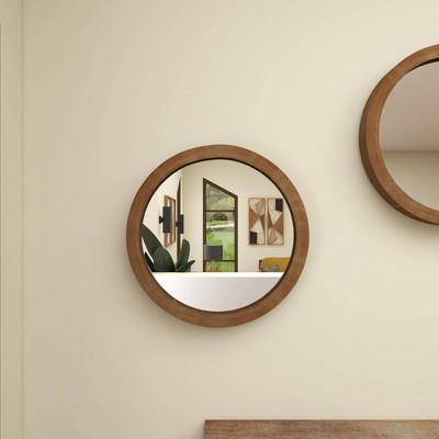24" Round Natural Brown Wood Wall Mirror