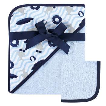 Hudson Baby Infant Boy Cotton Hooded Towel and Washcloth 2pc Set, Shark, One Size