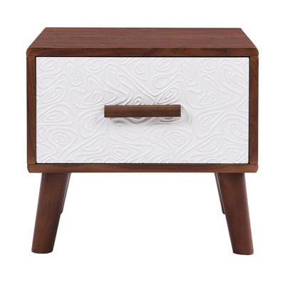 Wood Bedside Table Square End Table with 1 Drawer Adorned with Embossed Patterns, Solid Wood Legs and Handles for Bedroom, Living Room, Brown+White
