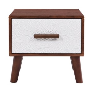 Wood Bedside Table Square End Table with 1 Drawer Adorned with Embossed Patterns, Solid Wood Legs and Handles for Bedroom, Living Room, Brown+White - 1 of 4