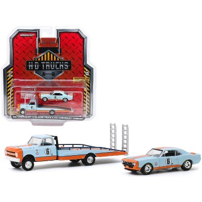 1967 Chevrolet C-30 Ramp Truck and 1967 Chevrolet Camaro #6 "Gulf Oil" Light Blue and Orange "H.D. Trucks" 1/64 Diecast Model Cars by Greenlight