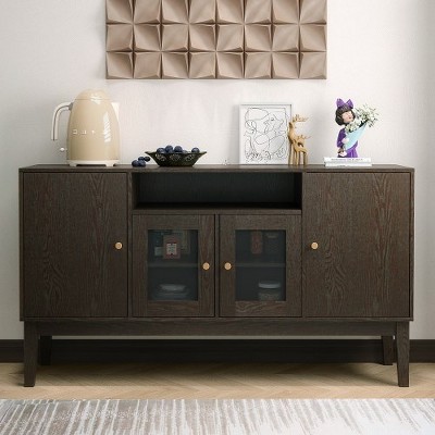 Sideboard Buffet Cabinet, With 4 Solid Wood Shelves, Tempered Glass Doors, Round Handle, Retro Dining Cabinet For Living Room Dining Room