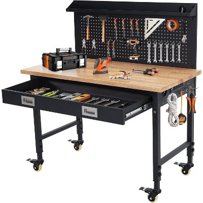 48" x 24" Adjustable Height Workbench – Heavy Duty Rubberwood Top, 2000 lbs Capacity, Mobile with Power Outlets