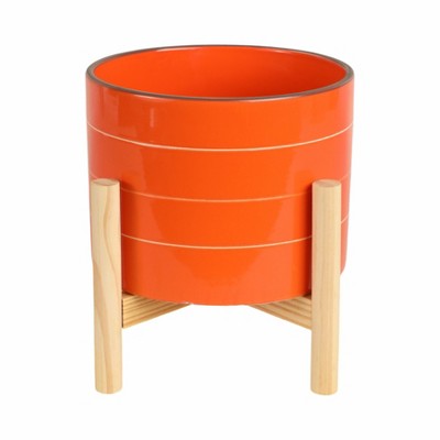 Ceramic Planter with Stand - Modern Ceramic Plant Pot for Indoor & Outdoor Use - Decorative Home & Garden Flower Pot - Orange