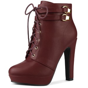 Allegra K Women's Lace Up Round Toe Platform Block Heels Ankle Boots - 1 of 4