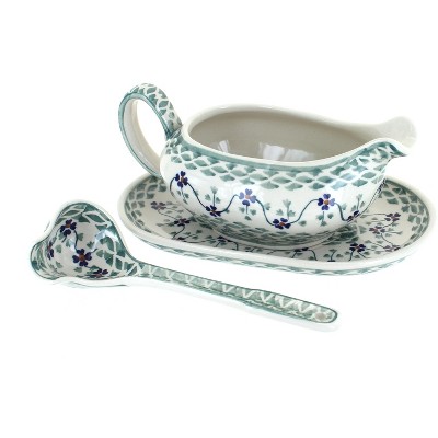 Blue Rose Polish Pottery S119 Manufaktura Gravy Boat Plate & Ladle