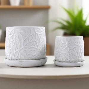 KTMBDW Ceramic Planter Pot Set of 2, Modern Flowerpot with Drainage Hole and Saucer, Embossed Leaf Design Flowerpot for Patio, Garden - 1 of 4