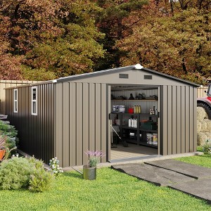 10x12 FT Outdoor Storage Shed, Large Metal Garden Shed with 2 Windows, Tool Sheds with Lockable Sliding Doors Brown - 1 of 4