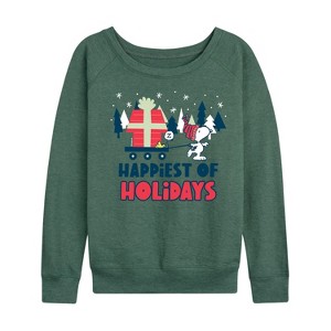 Women's - Peanuts - Happiest Of Holidays Lightweight French Terry Wide Neck Long Sleeve Shirt - 1 of 4