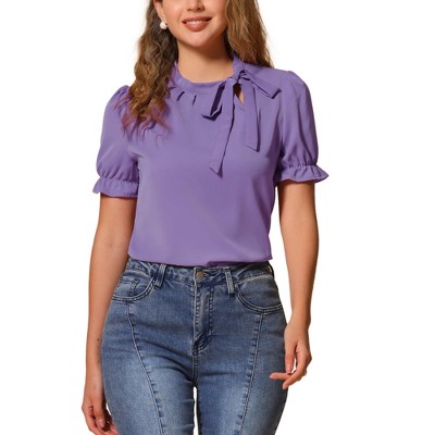 INSPIRE CHIC Women's Bow Tie Neck Solid Color Elastic Cuffs Elegant Office Short Sleeve Blouse