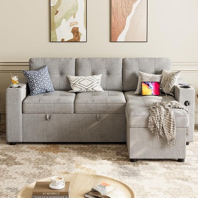 84" L Shaped Couches for Living Room, Convertible Sectional Sofa Bed With 2 Storage Arms and 2 Charging Ports, Side Pockets