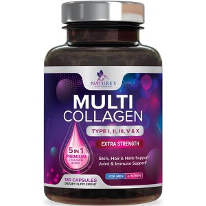 Collagen Peptides for Women & Men - Type I, II, III, V, X Multi Collagen Pills, Hydrolyzed Collagen Peptides Supplements, Nature's - 180 Capsules - 1 of 4