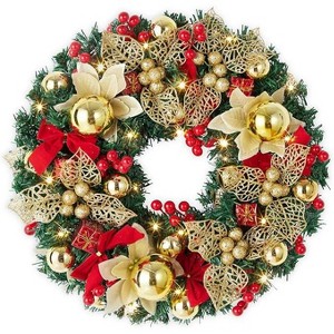 Coucheta 18 Inch Pre-Lit Christmas Wreath - Battery Operated Hanging Ornament with Lights, Balls, Berries, Bow Knots, Red+Gold - 1 of 4