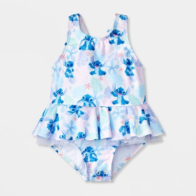 Baby Girls' Disney Stitch Floral Ruffle One Piece Swimsuit - Lavender