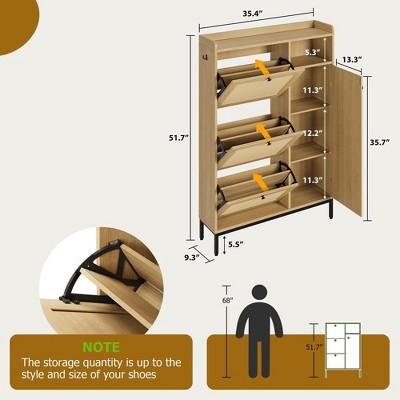 Oak Rattan Shoe Storage Cabinet with 3 Flip Drawers