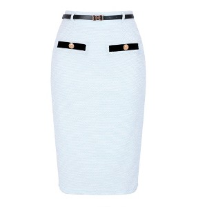 INSPIRE CHIC Women's Tweed High Waisted Button Decor Bodycon with Belt Office Midi Skirts - 1 of 4