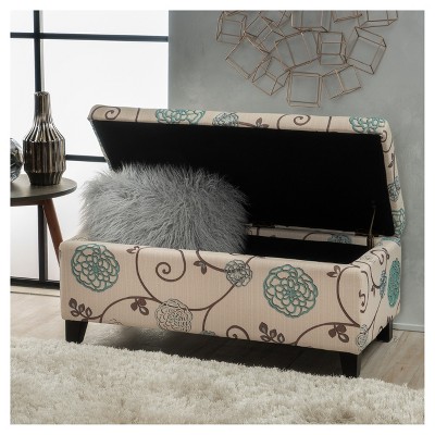 White and Blue Floral Fabric Upholstered Storage Ottoman with Birch Legs