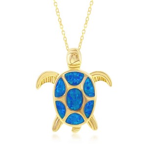 Opalata Sterling Silver Blue Inlay Opal Turtle 18" Pendant Necklace - Gold Plated - Blue - 1 of 2