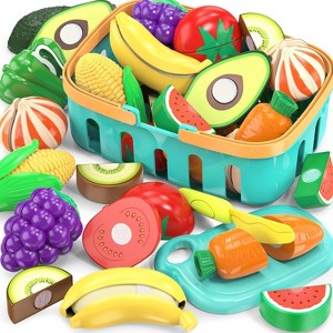 Cutting Play Food Toys for Kids – Pretend Kitchen Set with Fake Fruits & Vegetables, Knife, Cutting Board, Shopping Basket, Educational Toy - 1 of 4