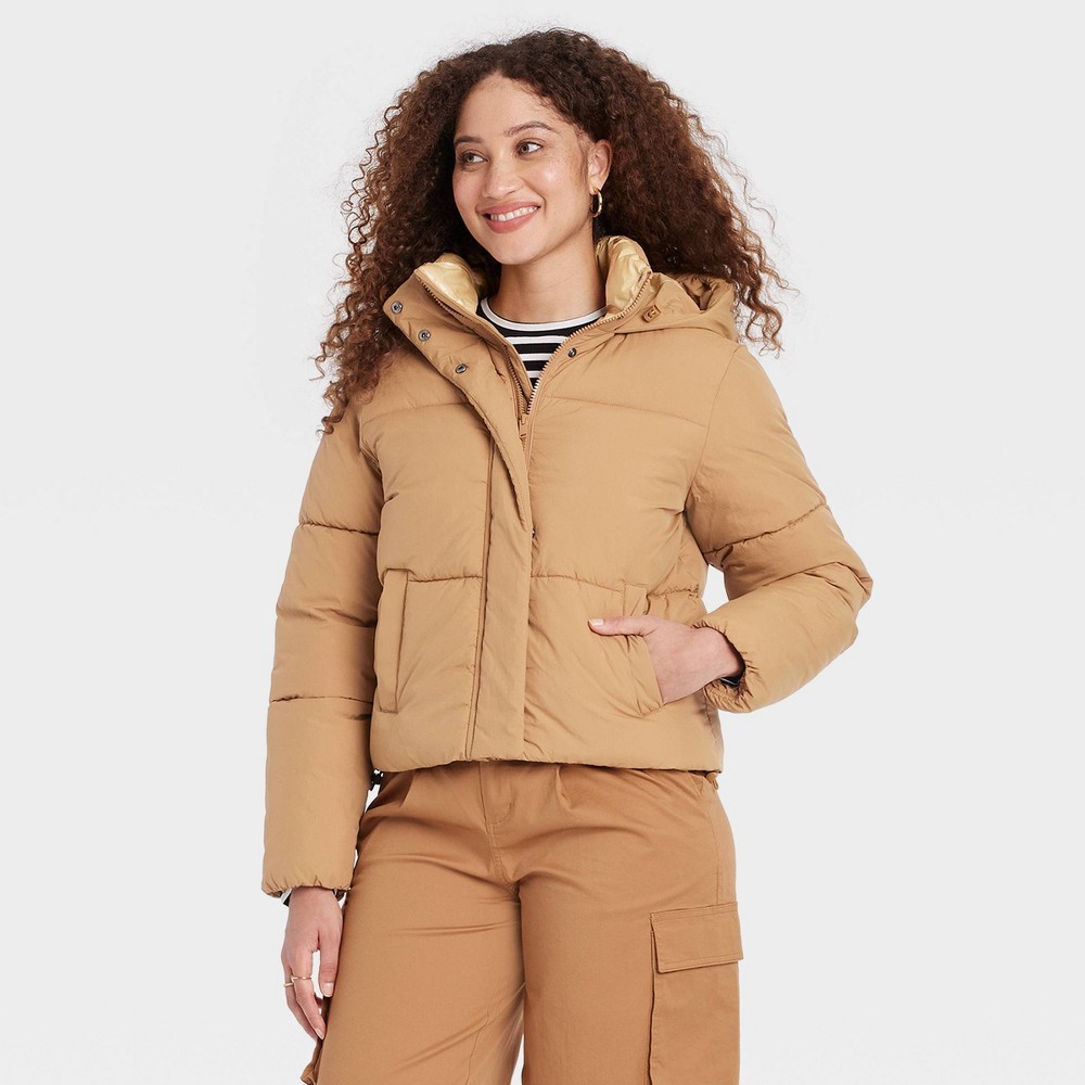 Women's Nylon Puffer Jacket - A New Day Tan XL