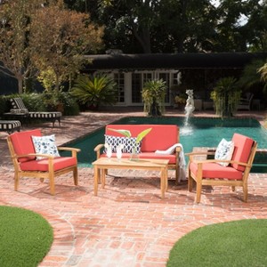 GDFStudio Keanu Outdoor Acacia Wood 4 Seater Chat Set with Cushions - 1 of 4