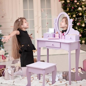 Kids Vanity Set with Mirror and Stool Wooden Makeup Table for Girls Ages 4 to 9 Kids - 1 of 4