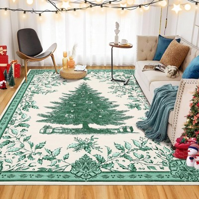 Christmas Tree Washable Area Rug, Soft Non-Slip Nursery & Bedroom Mat, Stain Resistant Holiday Carpet for Living Room & Office