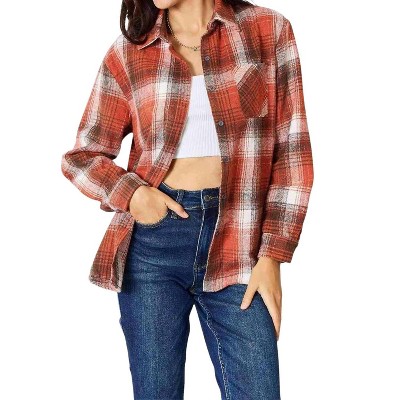 Women's Plaid Button-Up Shirt with Contemporary Flair - Double Take