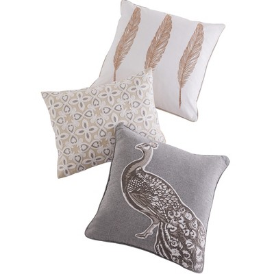 Gold and White Embroidered Feather Square Throw Pillow