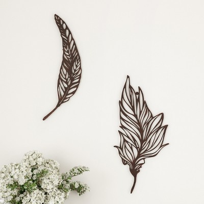 Wall Decor-Set of Two Metal Feather Hanging Wall Art Laser Cut Contemporary Nature Sculpture for Living Room, Bedroom, Kitchen by Hastings Home