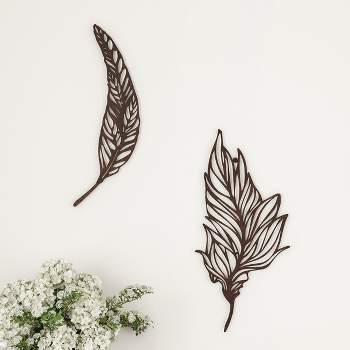 Wall Decor-Set of Two Metal Feather Hanging Wall Art Laser Cut Contemporary Nature Sculpture for Living Room, Bedroom, Kitchen by Lavish Home (Brown)