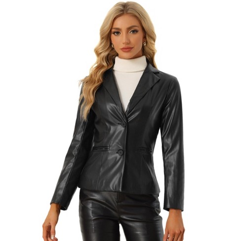 Allegra K Women's Notched Lapel Single-breasted Faux Leather