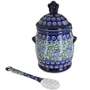 Blue Rose Polish Pottery 1848-1849 Zaklady Honey Pot & Dipper - 1 of 1