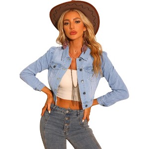 INSPIRE CHIC Women's Basic Puff Sleeve Washed Lightweight Cropped Denim Jacket - 1 of 4