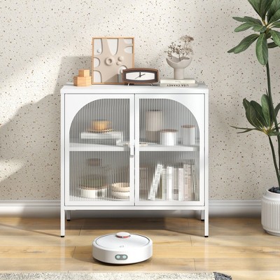 NicBex 31.5" Metal Sideboard,Kitchen Storage Cabinets with Adjustable Shelves and 2 Glass Doors for Kitchen, Living room, and Dining Room,White
