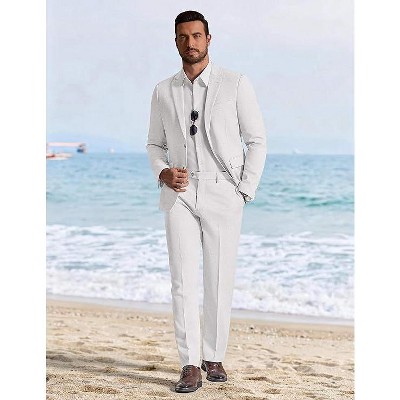 COOFANDY Men's Linen Suits 2 Piece Regular Fit Suits Set Casual Lightweight Blazer Jacket and Pants for Summer Wedding White 36X30W — фото 2