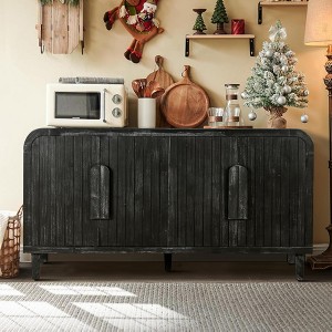 TiramisuBest 59'' Farmhouse Curved Vintage Sideboard,Natural Storage Cabinet with Wood Grain Carving & Wooden Handles for Kitchen, Dining - 1 of 4